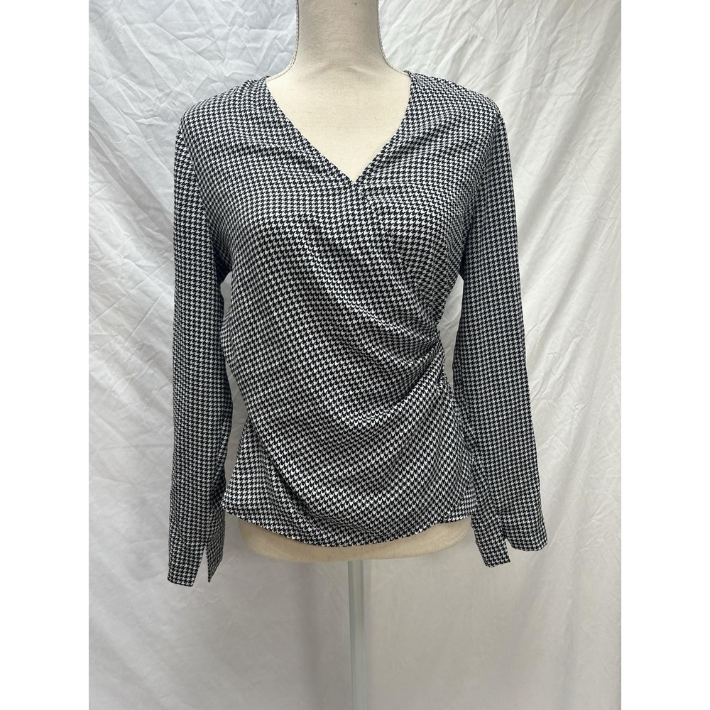Nine West Black & White Houndstooth Wrap Top Long Sleeve Blouse Medium